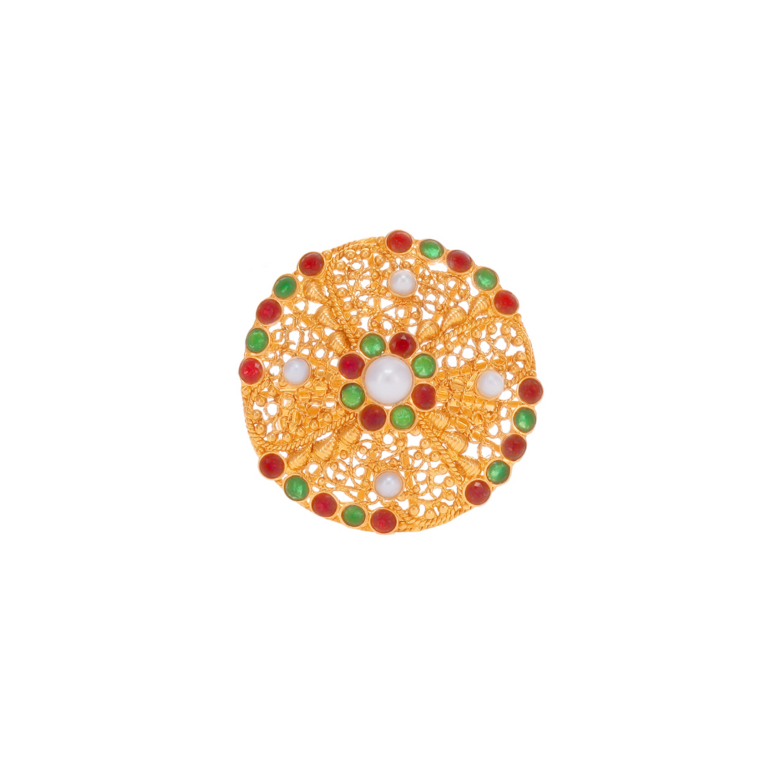 Ornamental Antique Ring With Ruby Emerald & Pearl in 22K Gold