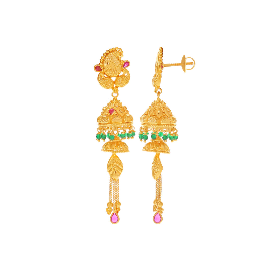 Fascinating Long Earrings With Ruby Emerald in 22K Gold