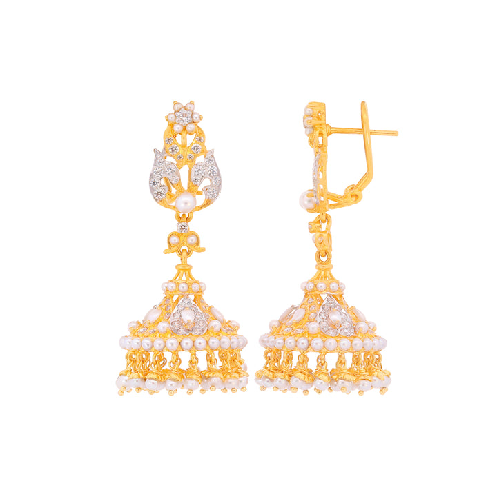 Mesmerizing Jhumkha With CZ & Pearl in 22K Gold