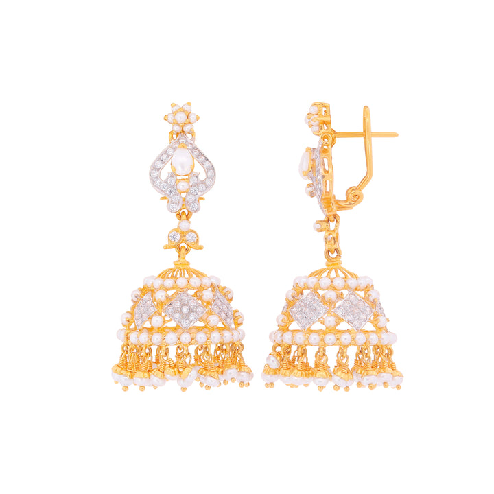 Alluring Jhumkha With CZ & Pearl in 22K Gold