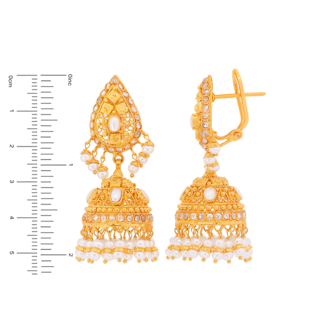 Gorgeous Jhumkha With CZ & Pearl in 22K Gold