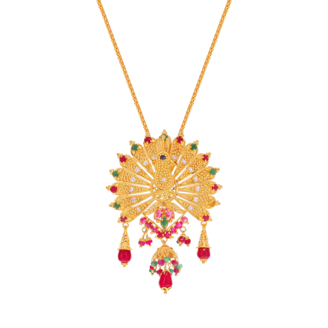 Distinctive Peacock Pendant With Ruby Emerald & CZ in 22K Gold