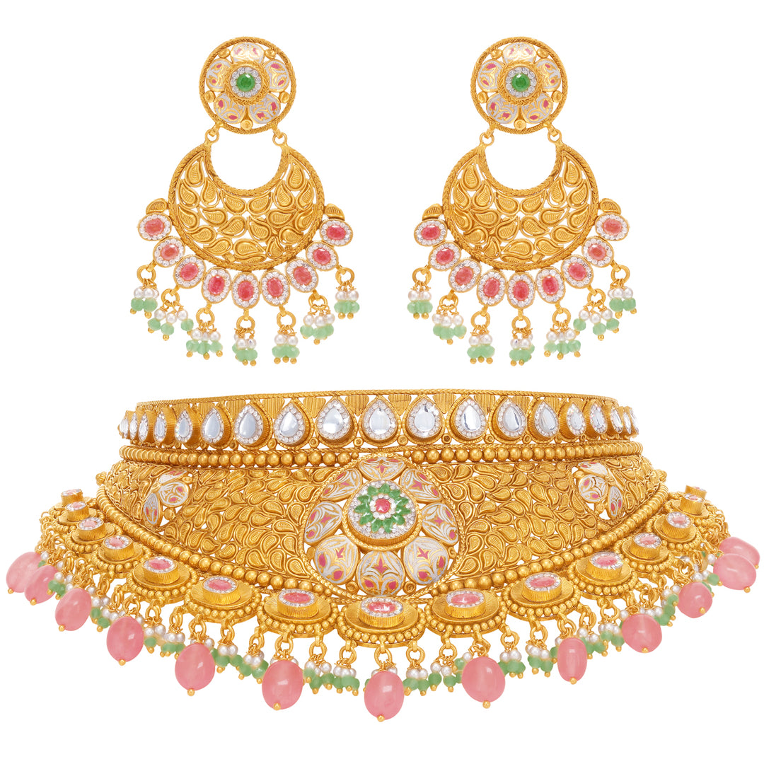 Opulent Antique Minakari Choker Set With Kundan & Gemstones in 22K Gold