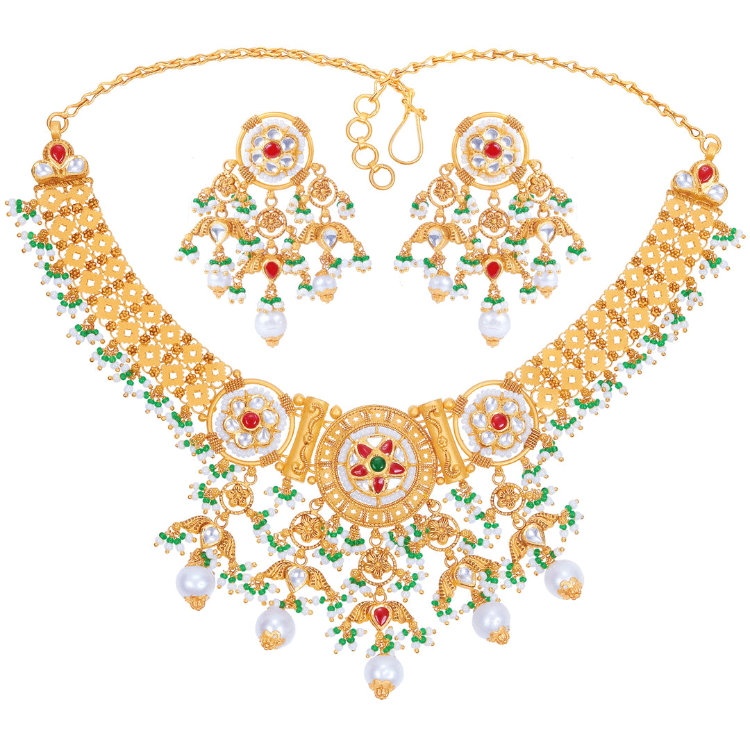 Lovely Antique Necklace Set With Kundan & Gemstones in 22K Gold