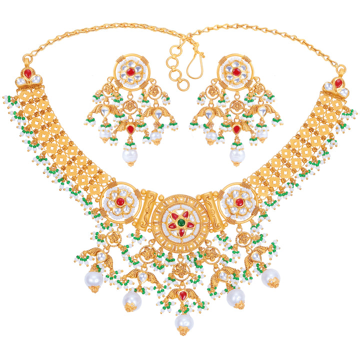 Lovely Antique Necklace Set With Kundan & Gemstones in 22K Gold