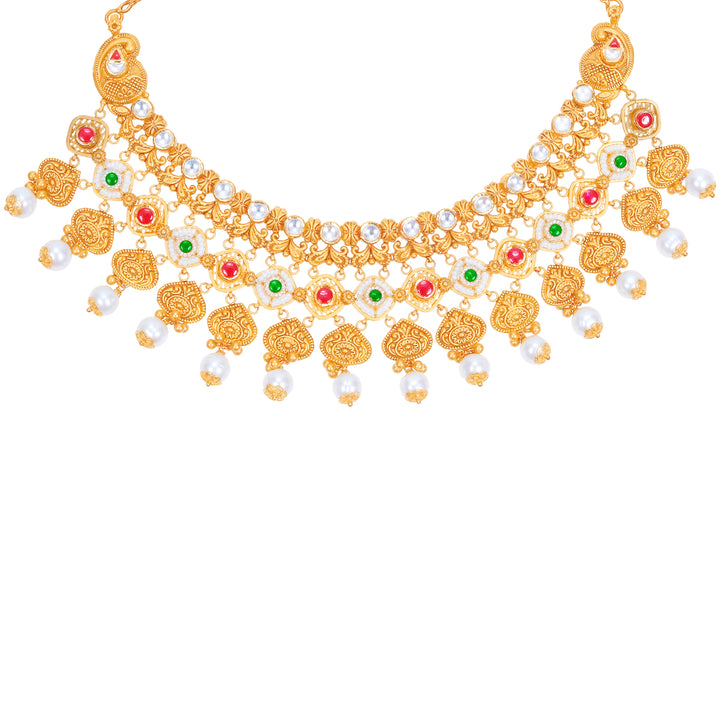 Intricate Antique Necklace Set With Kundan & Gemstones in 22K Gold