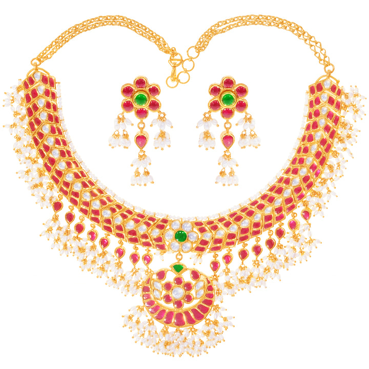 Glamorous Antique Gutta PusaluNecklace Set With Kundan & Gemstones in 22K Gold