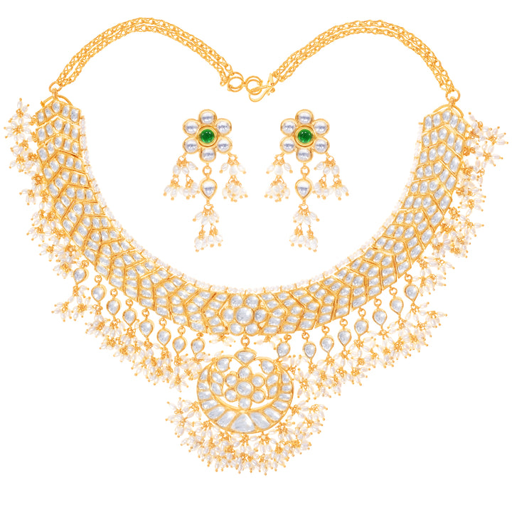 Glamorous Antique Gutta PusaluNecklace Set With Kundan & Gemstones in 22K Gold