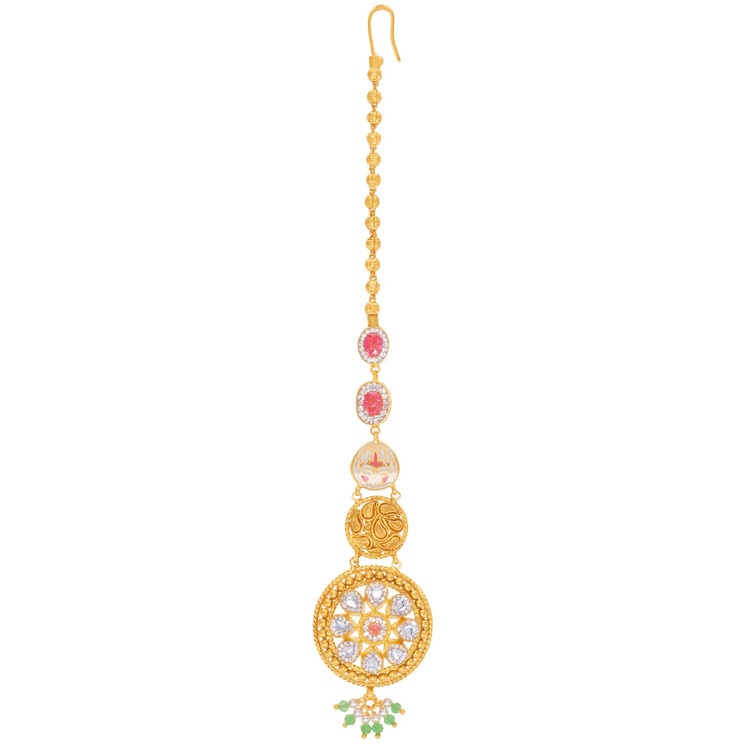 Endearing Minakari Maang Tikka With Kundan & Gemstones in 22K Gold