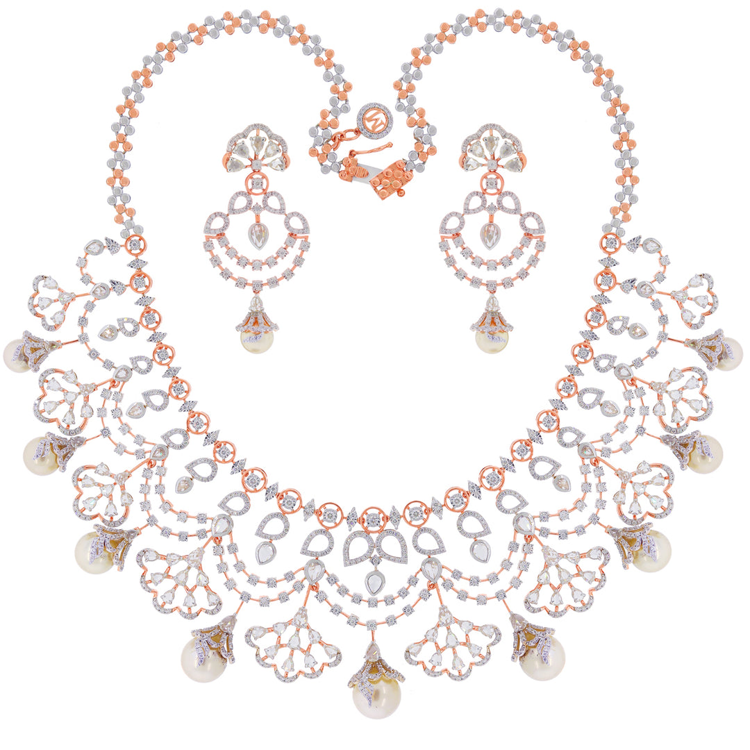 11.71CTW VVS/FG White And Rose Cut Diamond Necklace Set in 18K Rose Gold