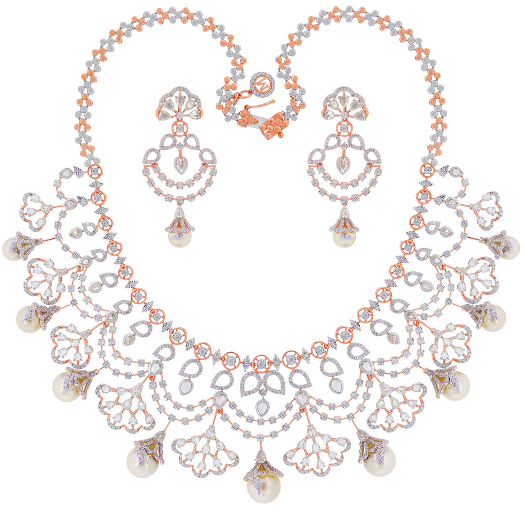 16.78Ct VVS/FG White & Rose Cut Diamond Necklace Set in 18K Rose Gold