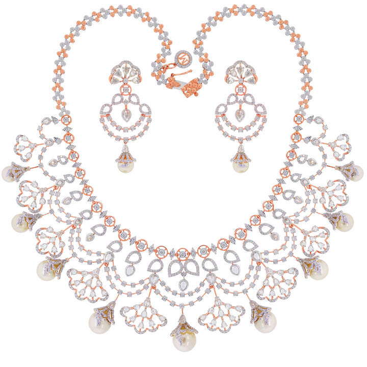 16.78Ct VVS/FG White & Rose Cut Diamond Necklace Set in 18K Rose Gold