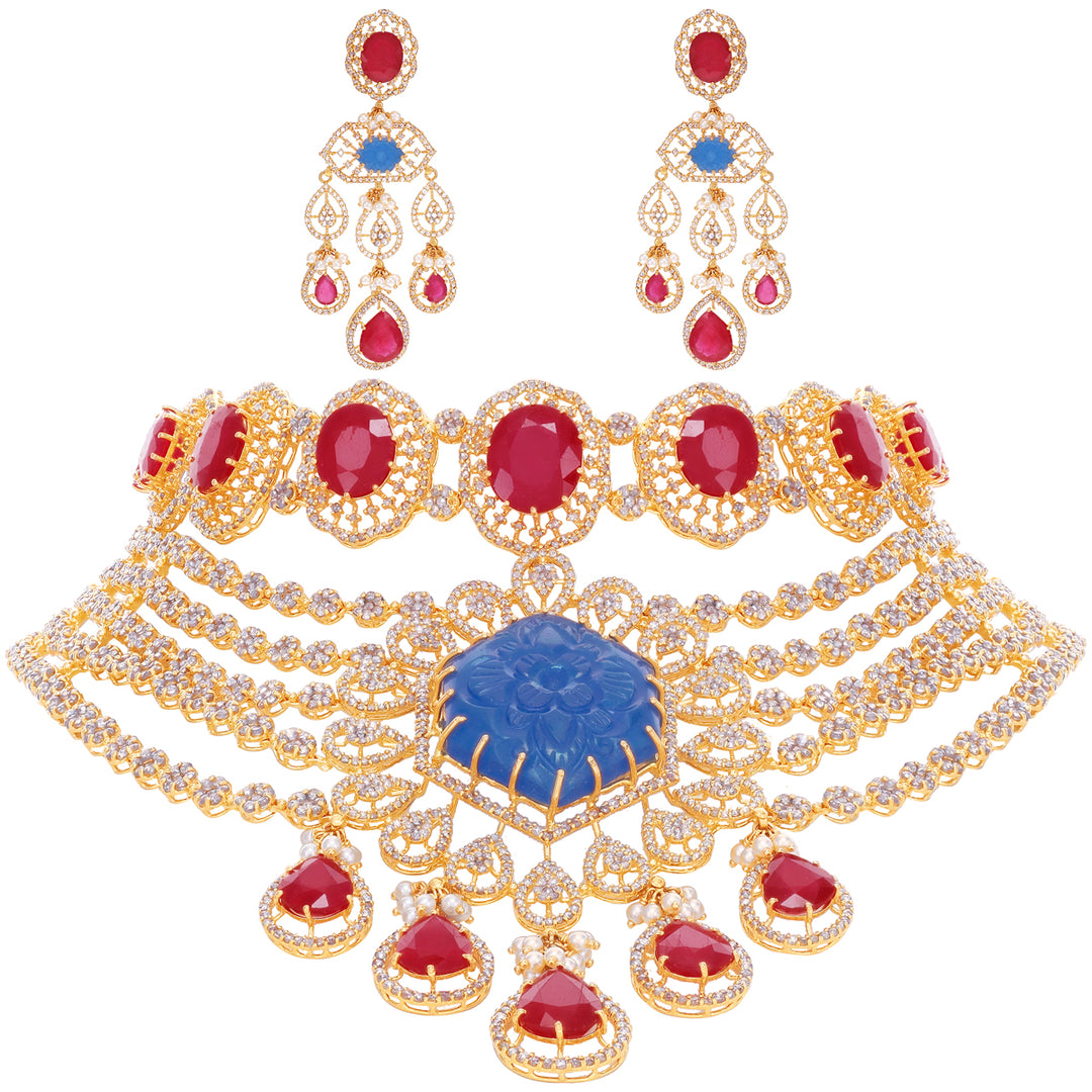 36.75CTW Rose Cut Diamond Choker Set With Gemstone in 22K Gold