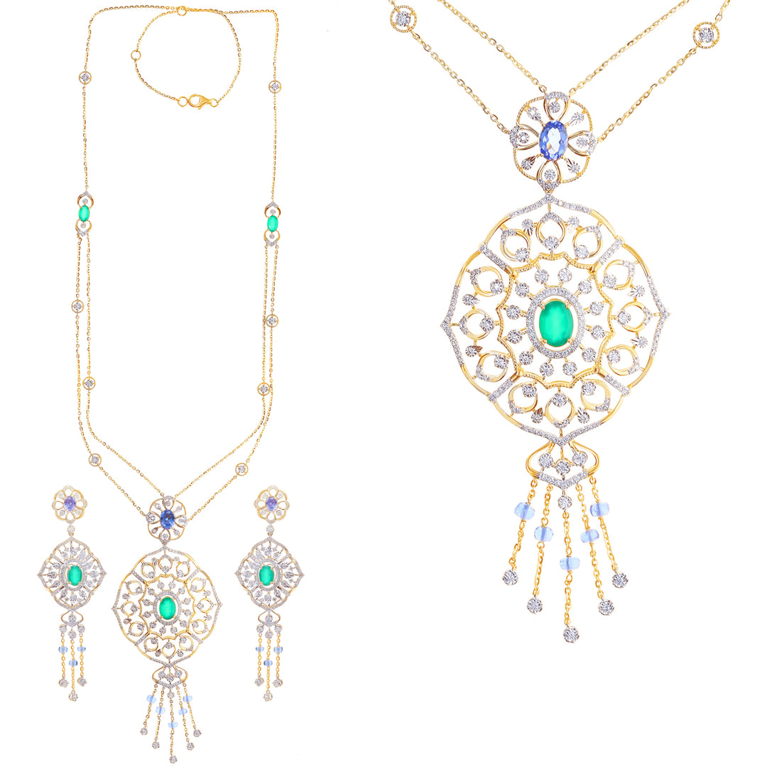 2.52Ct VS/GHI Diamond Patta Haaram With Gemstones in 18K Gold