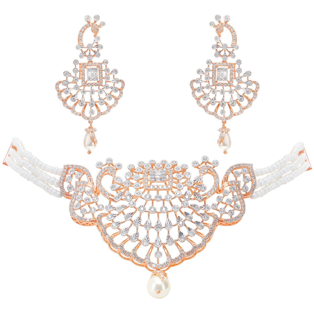 4.31Ct VS/GHI Diamond Choker Set With Pearl in 18K Rose Gold