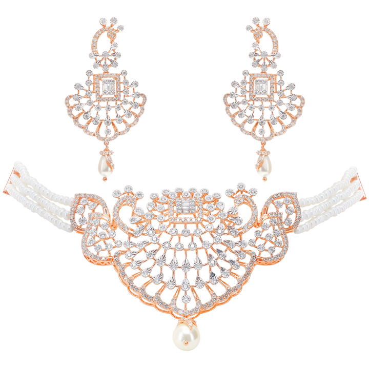 4.31Ct VS/GHI Diamond Choker Set With Pearl in 18K Rose Gold