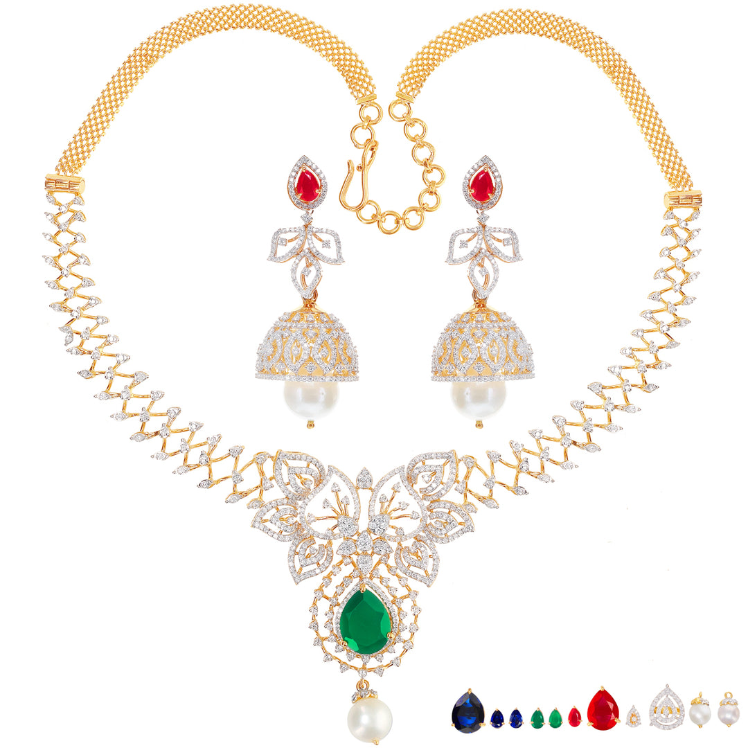 5.21Ct VVS/EF Diamond Necklace Set With Changeable Gemstones in 18K Gold