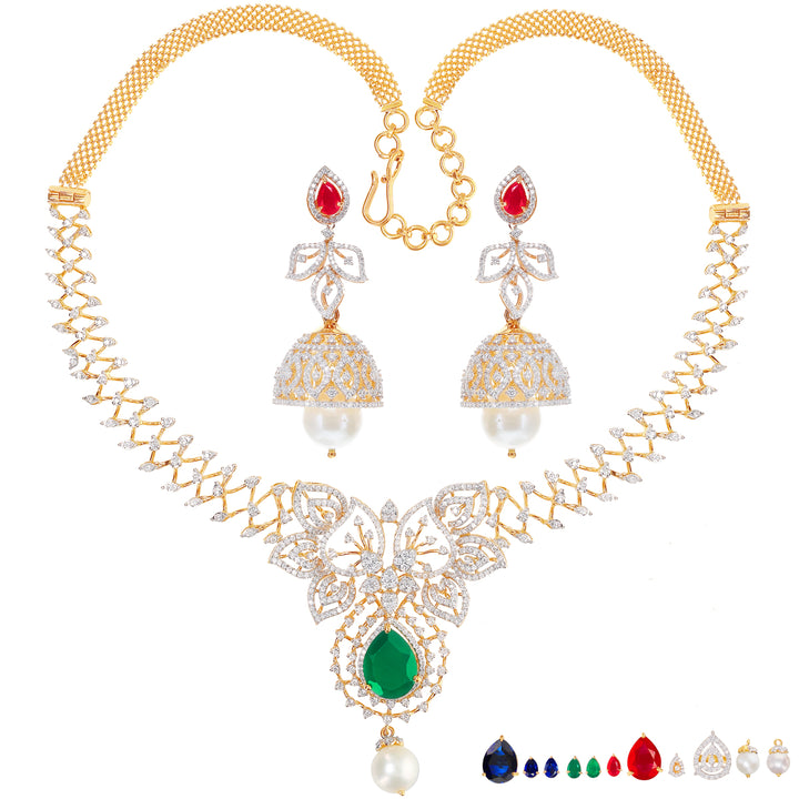 5.21Ct VVS/EF Diamond Necklace Set With Changeable Gemstones in 18K Gold