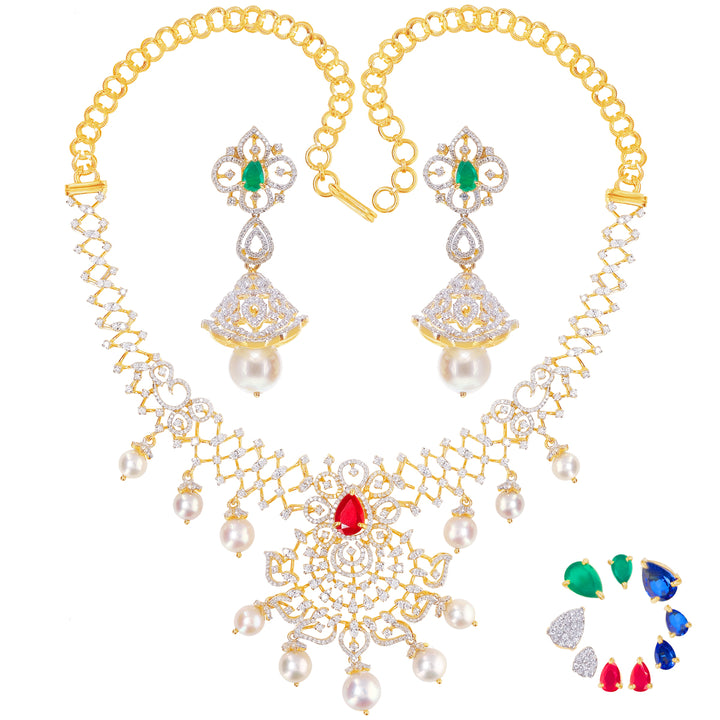 6.97Ct VVS/EF Diamond Necklace Set With Changeable Gemstones in 18K Gold