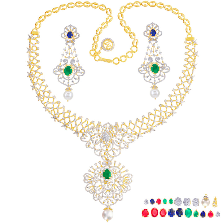 6.61Ct VVS/EF Diamond Necklace Set With Changable Gemstones in 18K Gold