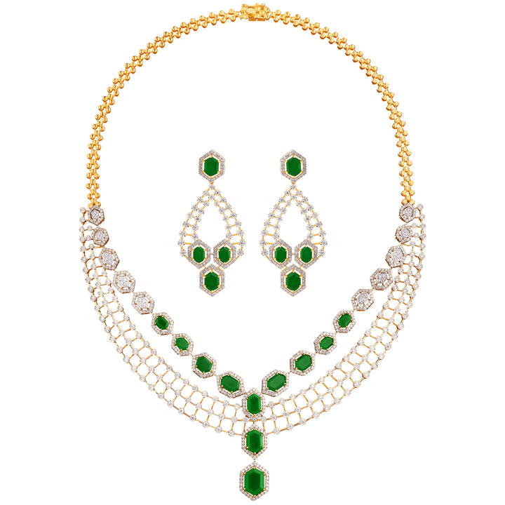 5.10Ct VVS/FG Diamond Necklace Set With Emerald in 18K Gold