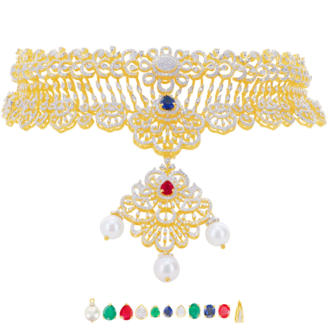 7.58Ct VVS/EF Diamond Choker With Changeable Gemstones in 18K Gold