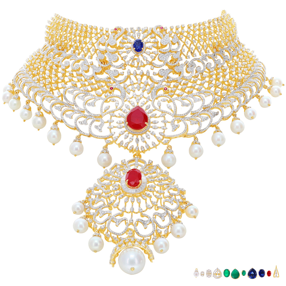 13.86Ct VVS/EF Diamond Choker With Changable Gemstones in 18K Gold