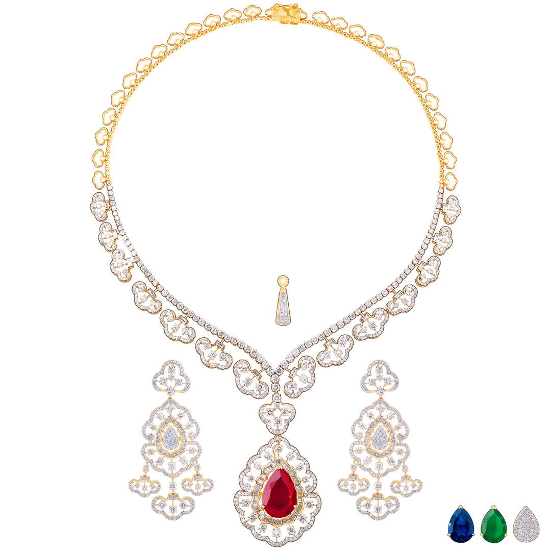 16.82Ct VS/GHI Diamond Necklace Set With Changeable Gemstones in 18K Gold