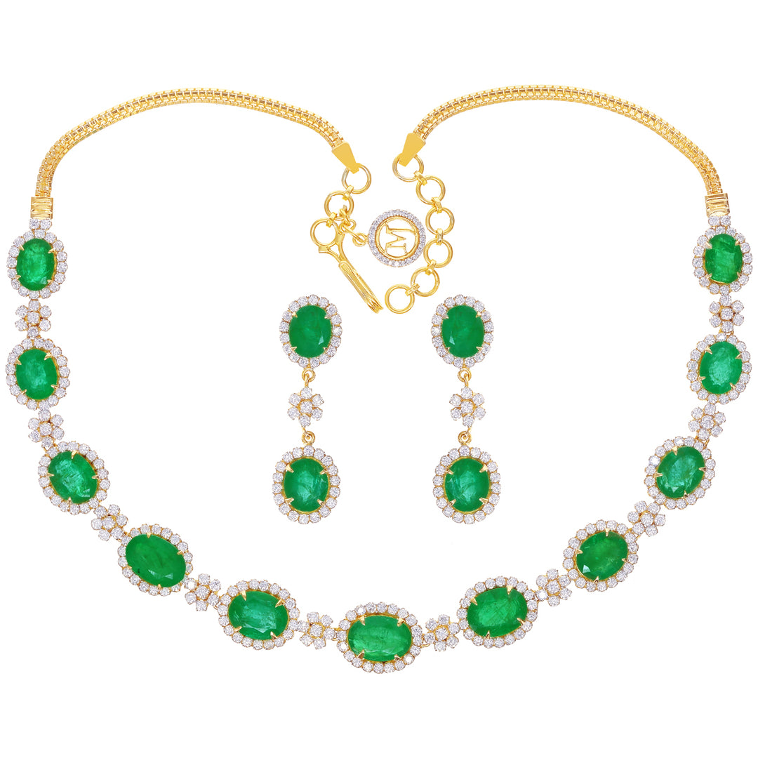 6.46Ct VS/GH Diamond Necklace Set With Emerald in 18K Gold