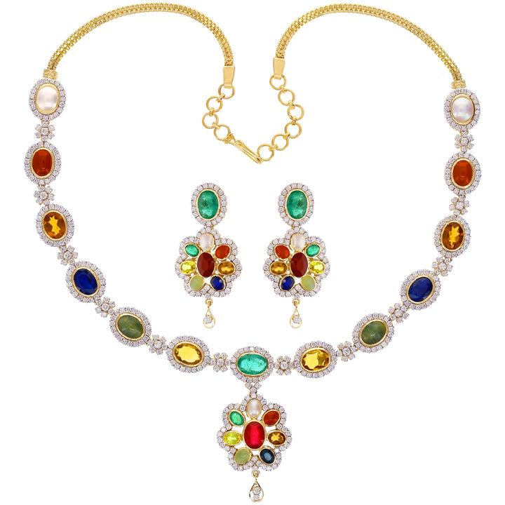 8.03Ct VS/GH Diamond Necklace Set with Navratan Gemstone in 18K Gold