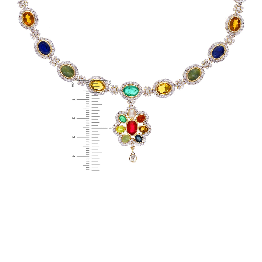 8.03Ct VS/GH Diamond Necklace Set with Navratan Gemstone in 18K Gold