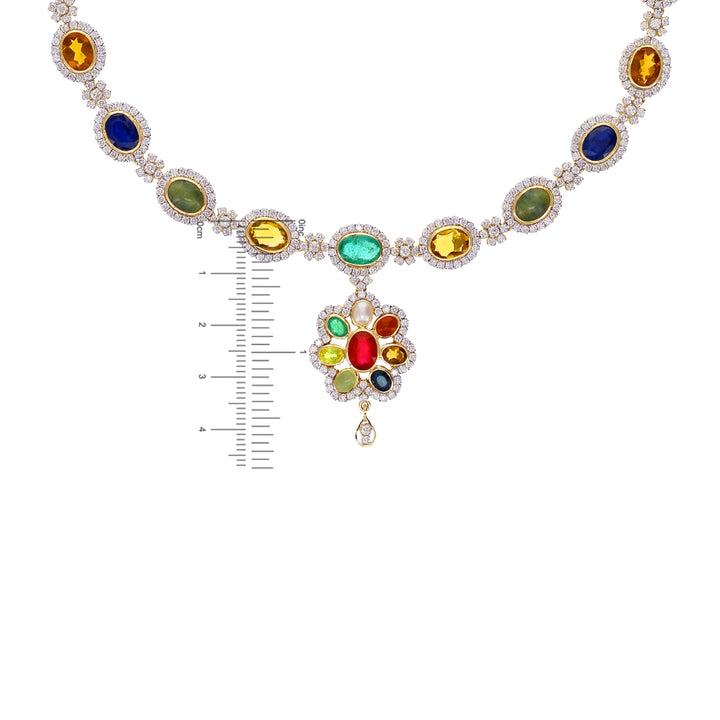 8.03Ct VS/GH Diamond Necklace Set with Navratan Gemstone in 18K Gold