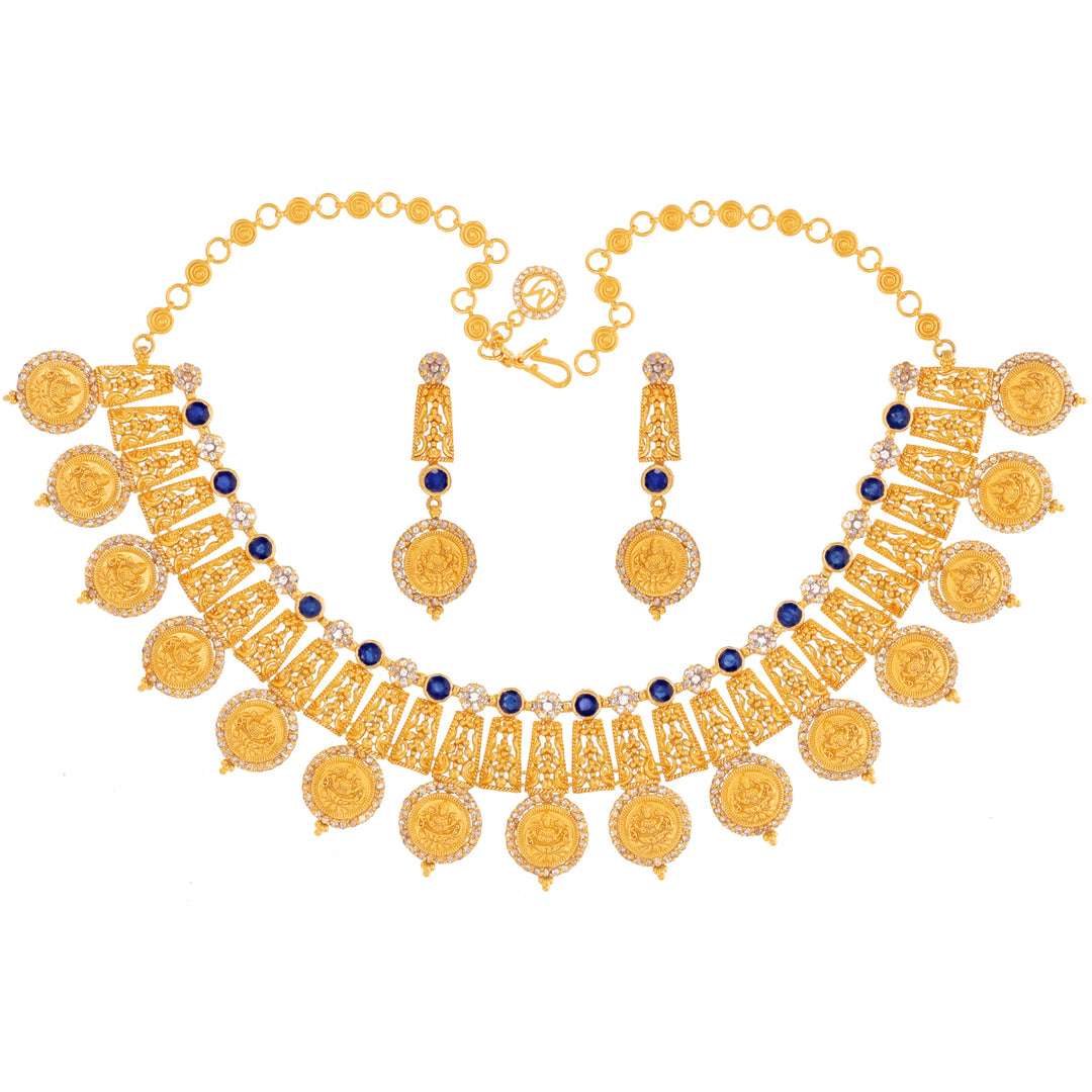8.43Ct Rose Cut Diamond Laxmi Necklace Set With Sapphire in 22K Gold