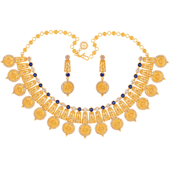 8.43Ct Rose Cut Diamond Laxmi Necklace Set With Sapphire in 22K Gold