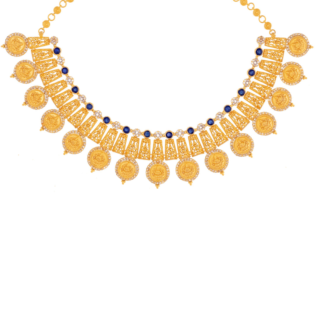 8.43Ct Rose Cut Diamond Laxmi Necklace Set With Sapphire in 22K Gold