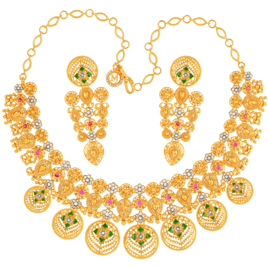 5.22Ct Rose Cut Diamond Necklace Set With Ruby in 22K Gold