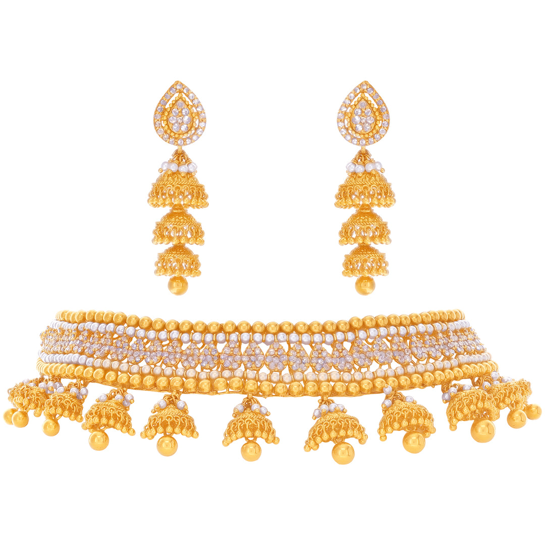 6.45CTW Rose Cut Diamond Necklace Set With Pearl in 22K Gold