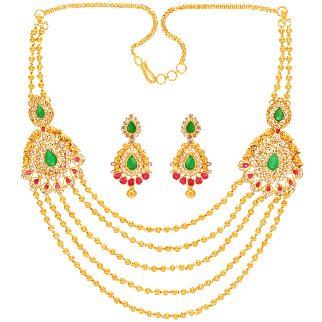 5.50 CTW Rose Cut Diamond Antique Necklace Set With Gemstones in 22K Gold