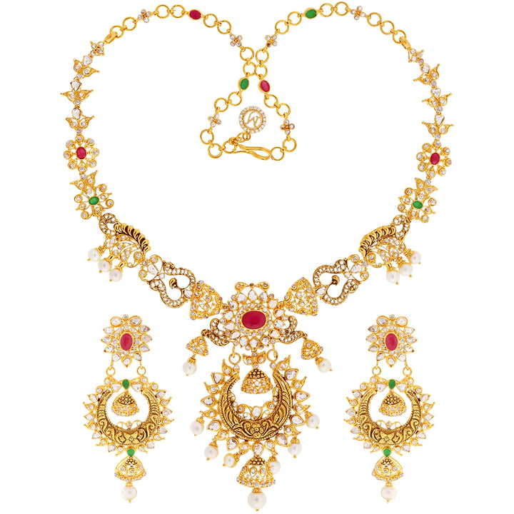 14.65CTW Rose Cut Diamond Necklace Set with Gemstones in 22K Gold