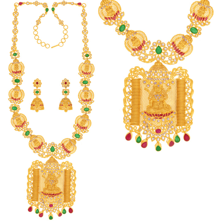 12.25CTW Rose Cut Diamond Laxmi Necklace Set With Ruby & Emerald in 22K Gold