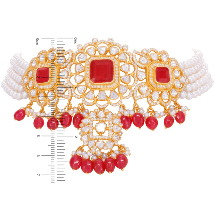 11.91CTW Rose Cut Diamond Choker Set With Ruby & Pearl in 22K Gold
