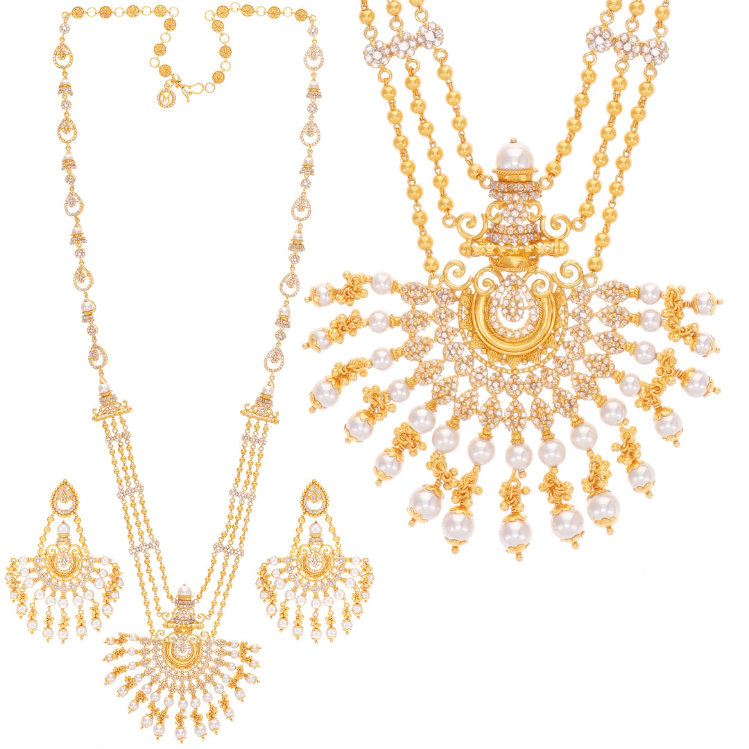 15.44CTW Rose Cut Diamond Paata Haaram With Pearl in 22K Gold