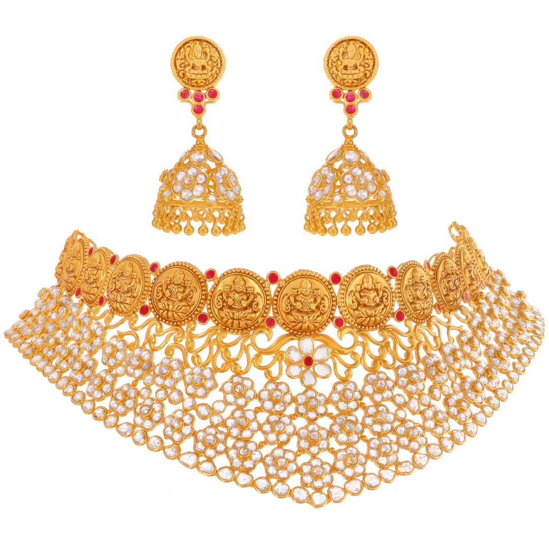 25.20CTW Rose Cut Diamond Antique Laxmi Choker Set With Ruby in 22K Gold