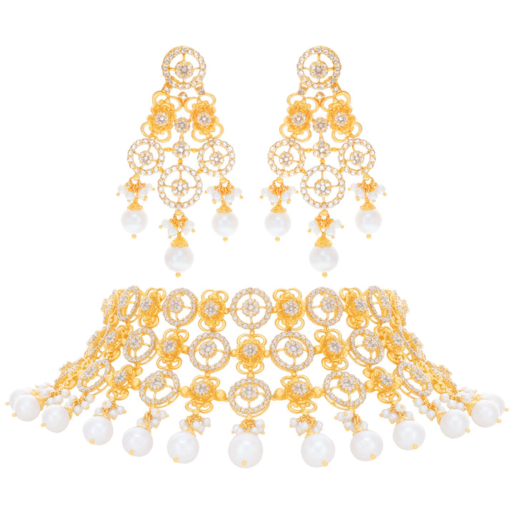 23.67CTW Rose Cut Diamond Choker Set With Pearl in 22K Gold