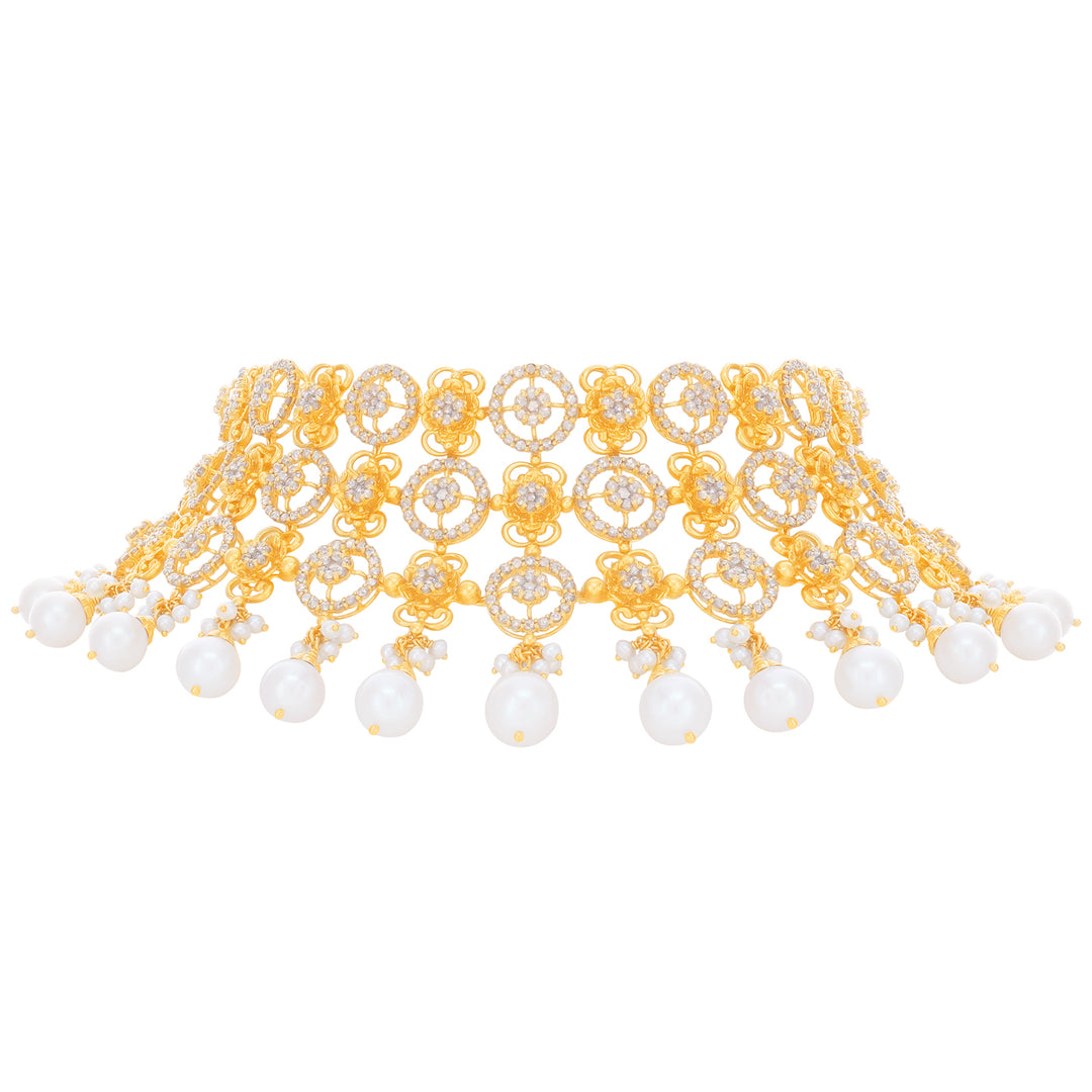 23.67CTW Rose Cut Diamond Choker Set With Pearl in 22K Gold