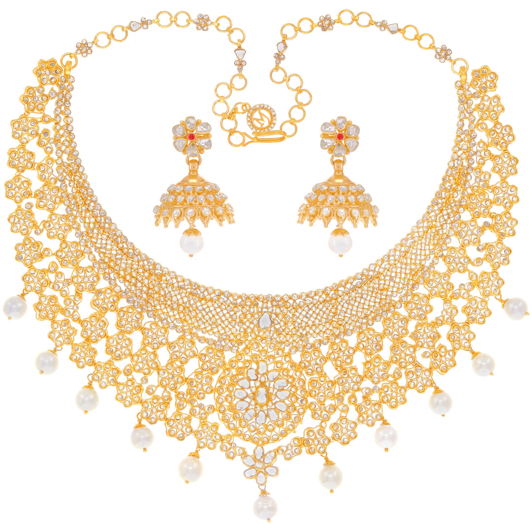 35.69CTW Rose Cut Diamond Antique Choker Set With Pearl in 22K Gold