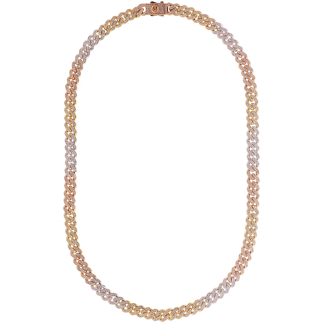 11.46CTW VS-SI/GHI Diamond Men's Three-tone Cuban Link Chain in 18K Gold
