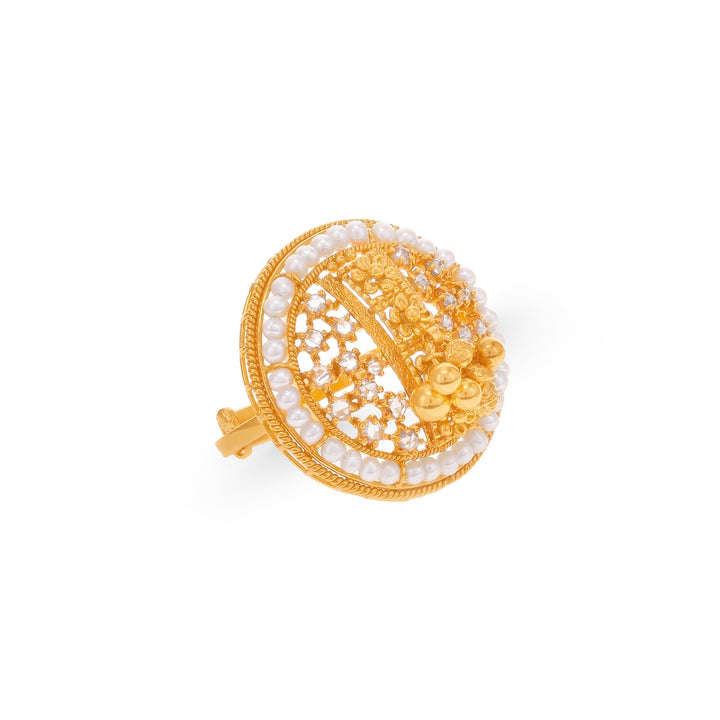 0.85CTW Rose Cut Diamond Ring With Pearl in 22K Gold