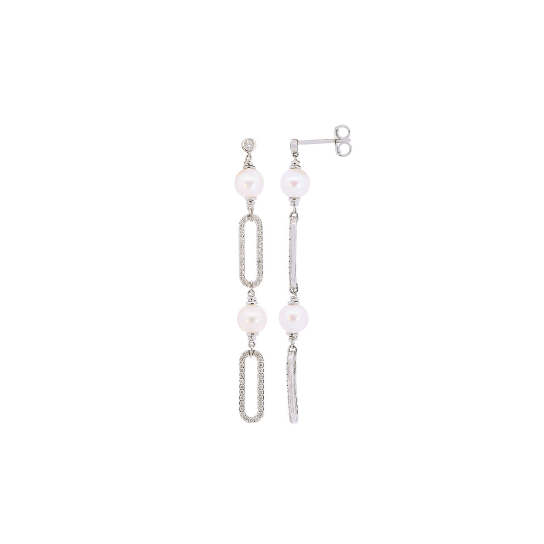 0.59Ct SI-GH Diamond Long Earrings With Pearl in 18K White Gold