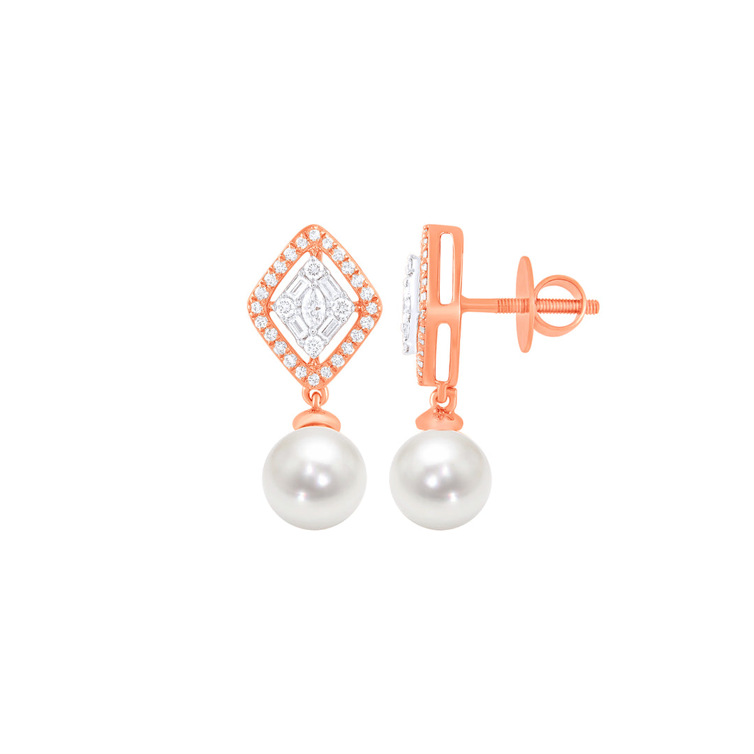 0.60Ct VVS/FG Diamond Earrings With Pearl in 18K Rose Gold